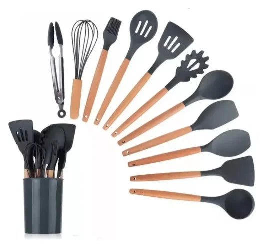 Kit 12 Utensílios De Cozinha Em Silicone E Cabo De Madeira