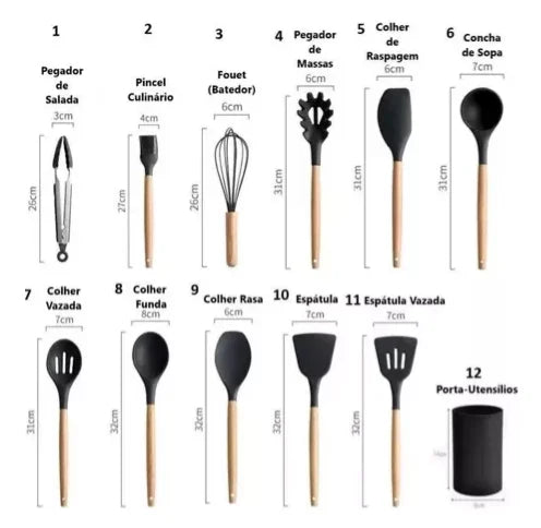 Kit 12 Utensílios De Cozinha Em Silicone E Cabo De Madeira